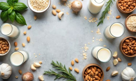 Plant-based ingredients and milk alternatives arranged on a clean background.