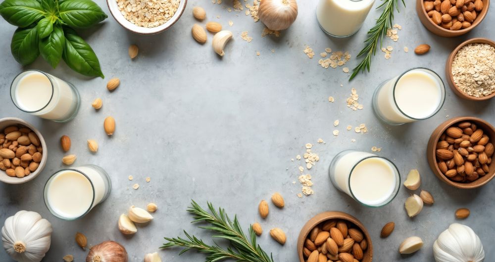 Plant-based ingredients and milk alternatives arranged on a clean background
