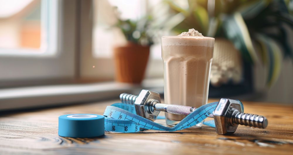 A glass of protein shake, weights, and measuring tape 

