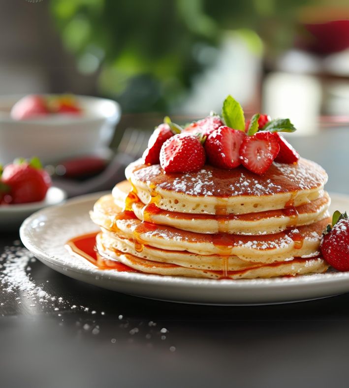 freshly made pancakes with syrup and healthy fruits