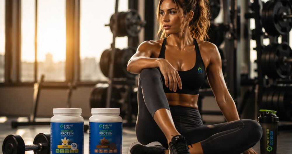 Fitness model in a gym with EVR Fit Edge Vanilla and Chocolate vegan protein powder for muscle recovery and plant-based nutrition.