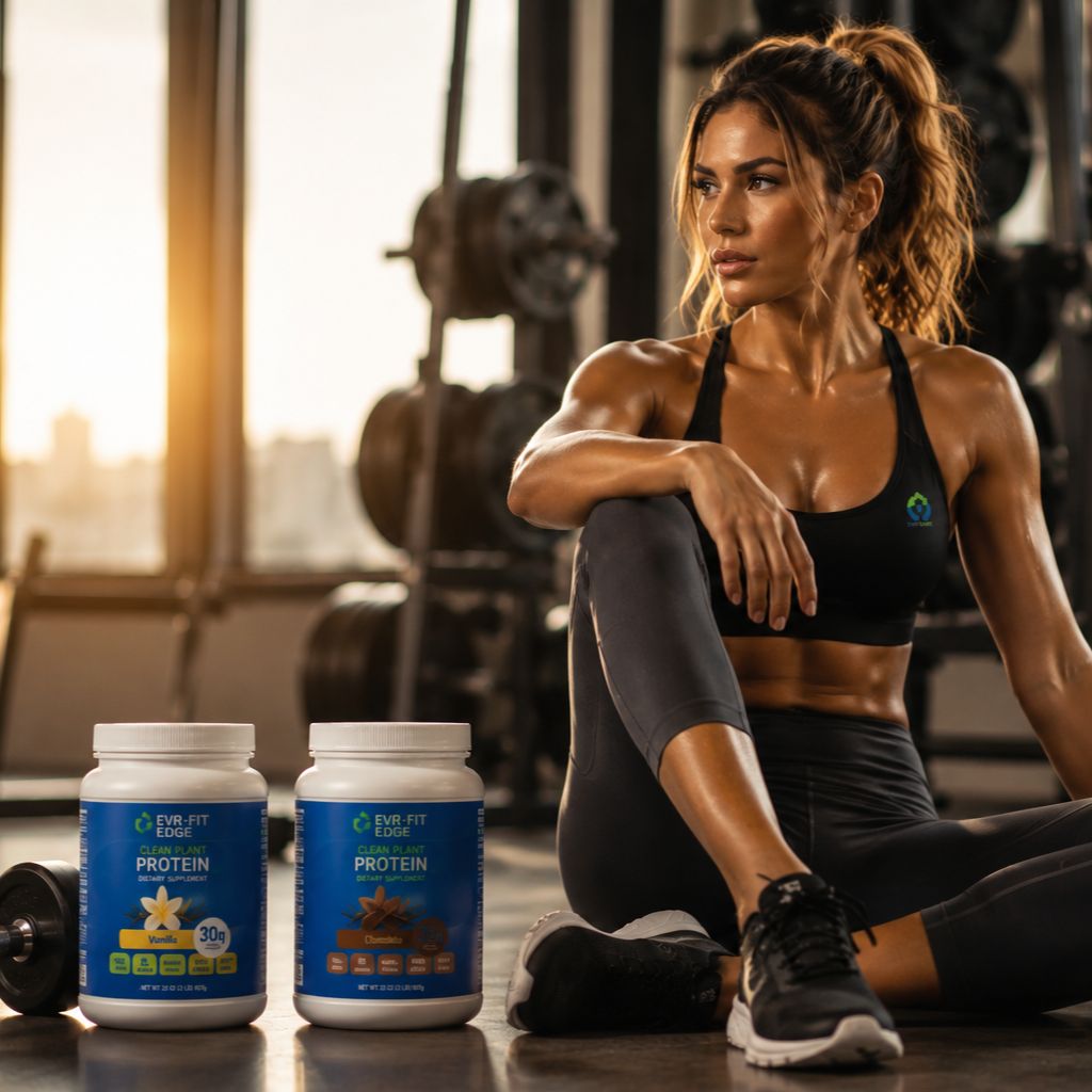 Fitness model in a gym with EVR Fit Edge Vanilla and Chocolate vegan protein powder for muscle recovery and plant-based nutrition.